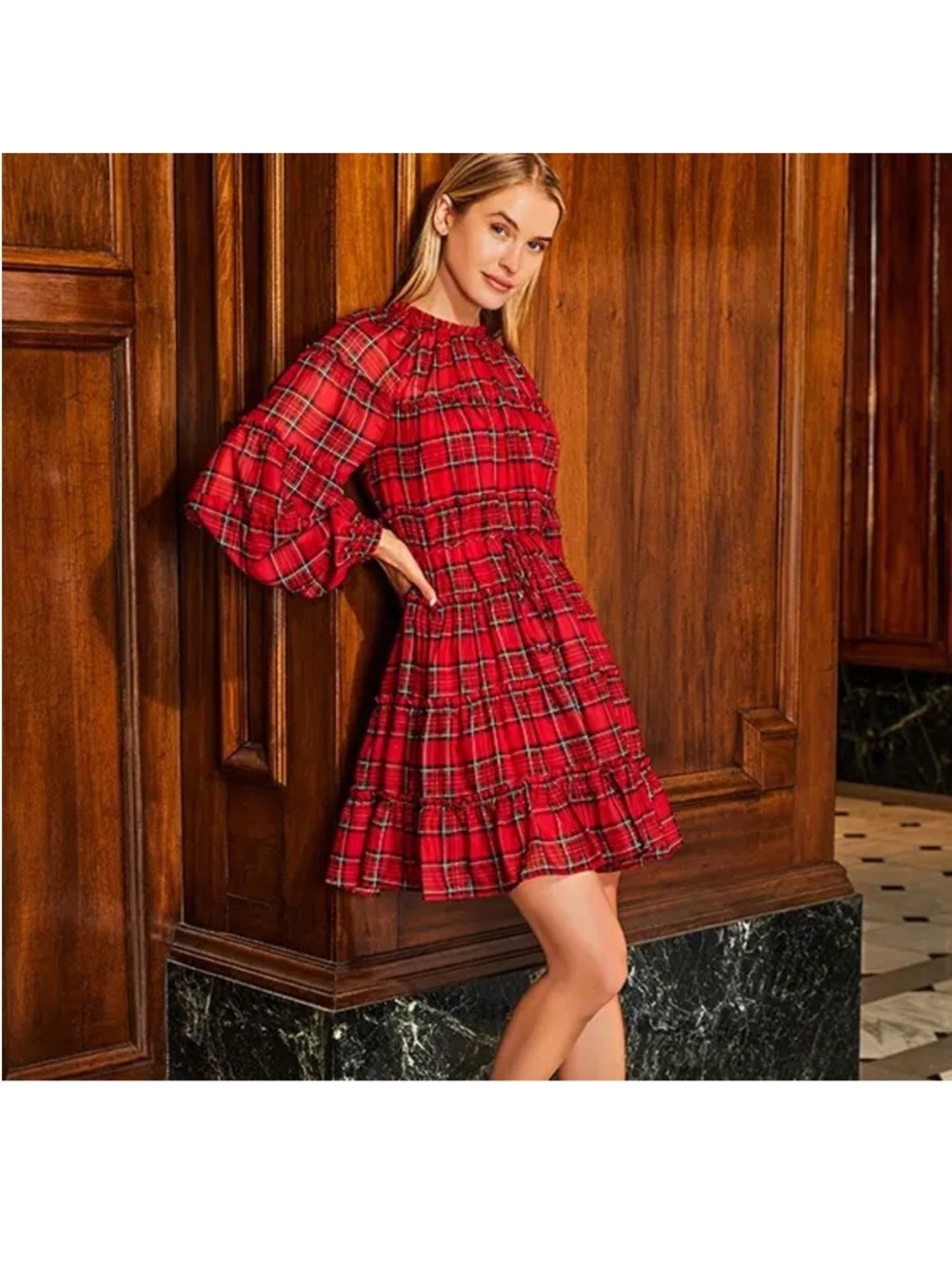 ANTONIO MELANI Red Plaid Tiered Mini Dress
